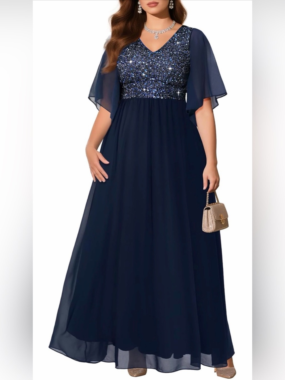 NWT Formal Party Plus -Navy Sequin V‑Neck Maxi Dress with Flutter Sleeves, 18W